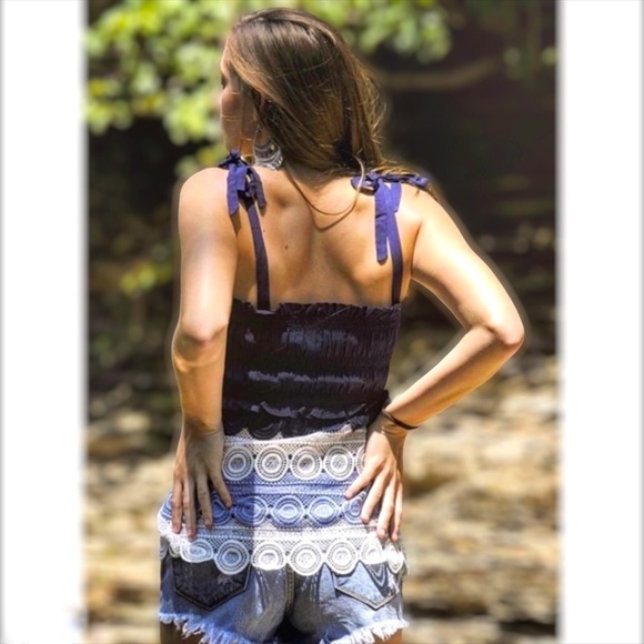 Lulumari Blue & Cream Bow Tie Strap Crochet Lace Top - Picture 7 of 9